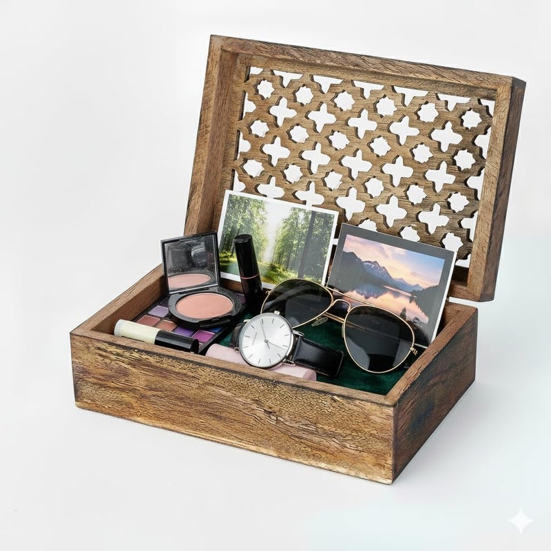 Mela Artisans Wooden Keepsake Box | Medium Burnt Mango Wood Memory & Photo Storage Box with Hinged Lid | Decorative Storage Box | Extra Large | 10.5x7.5x4 Inch - Image 1